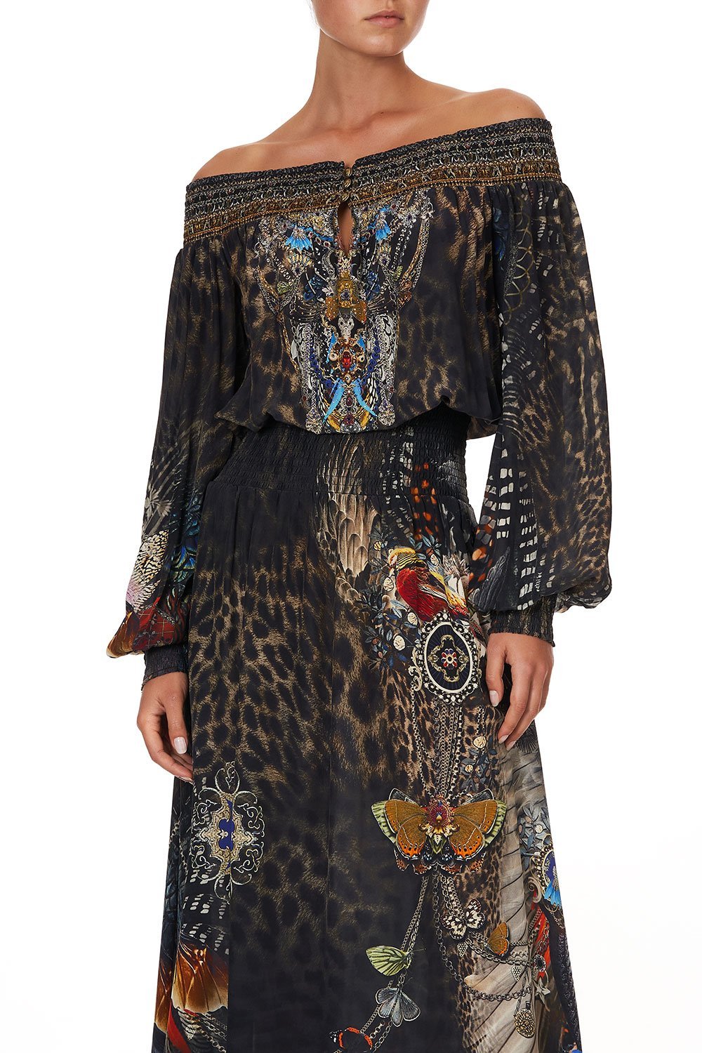 OFF SHOULDER SHIRRED DRESS TREASURE CHASER