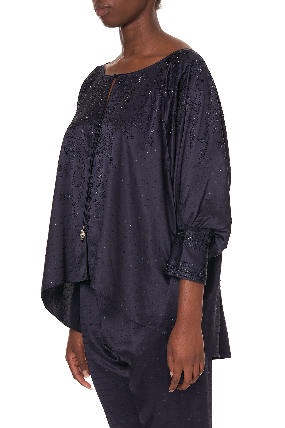 RAGLAN SLEEVE BUTTON UP TOP LUXE NAVY