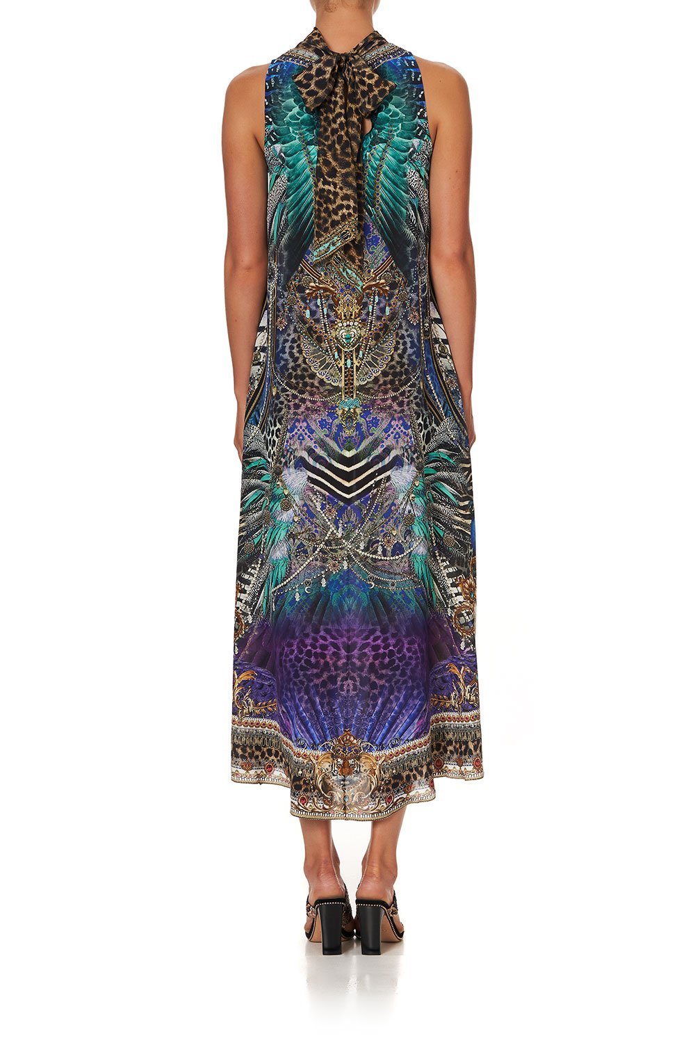 HIGH NECK DRESS WITH BACK NECK TIE ANIMAL ARMY