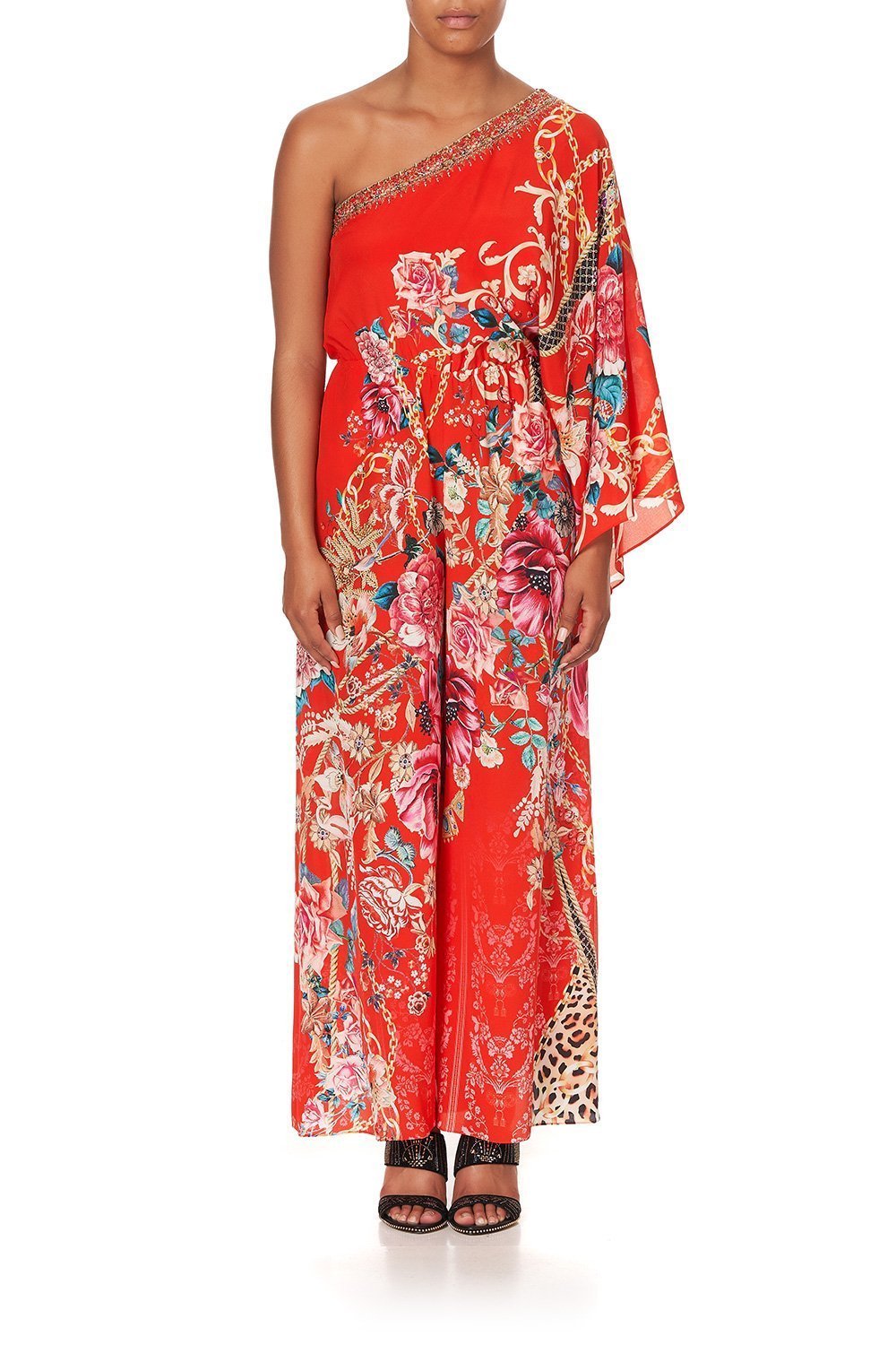 ONE SHOULDER FLARED JUMPSUIT AND THE QUEEN WORE RED