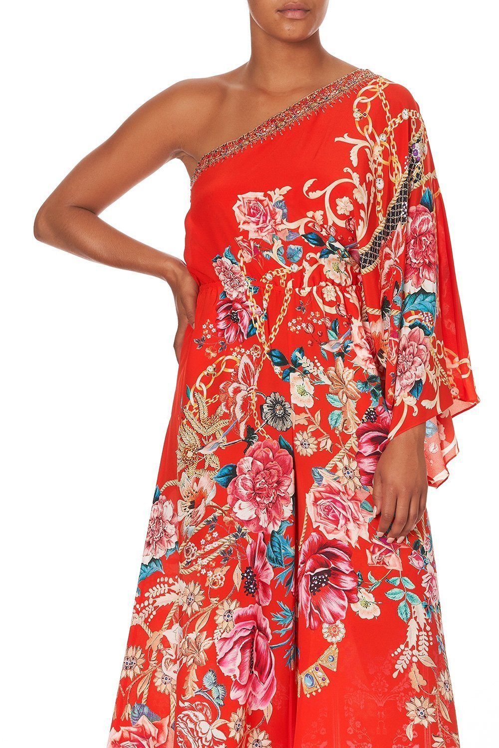 ONE SHOULDER FLARED JUMPSUIT AND THE QUEEN WORE RED