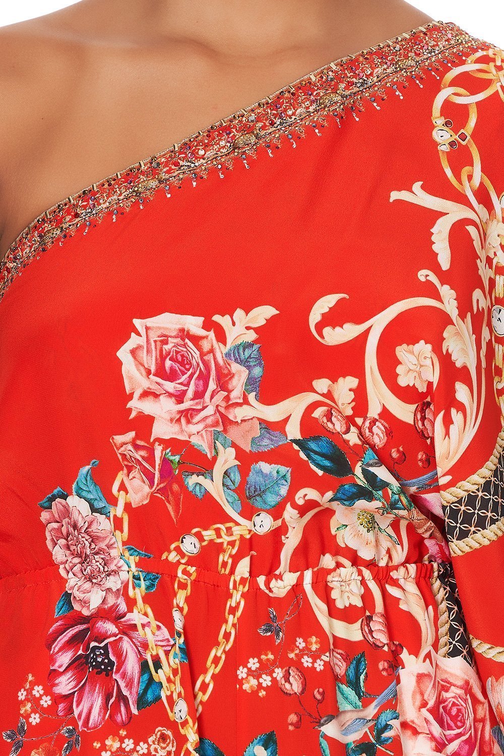 ONE SHOULDER FLARED JUMPSUIT AND THE QUEEN WORE RED