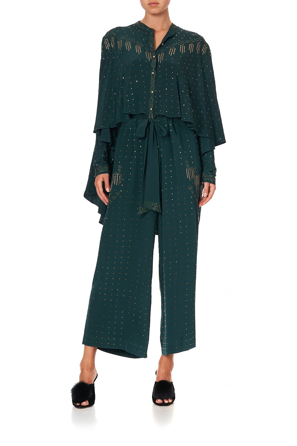 DRAPED BUTTON FRONT BLOUSE LUXE EMERALD