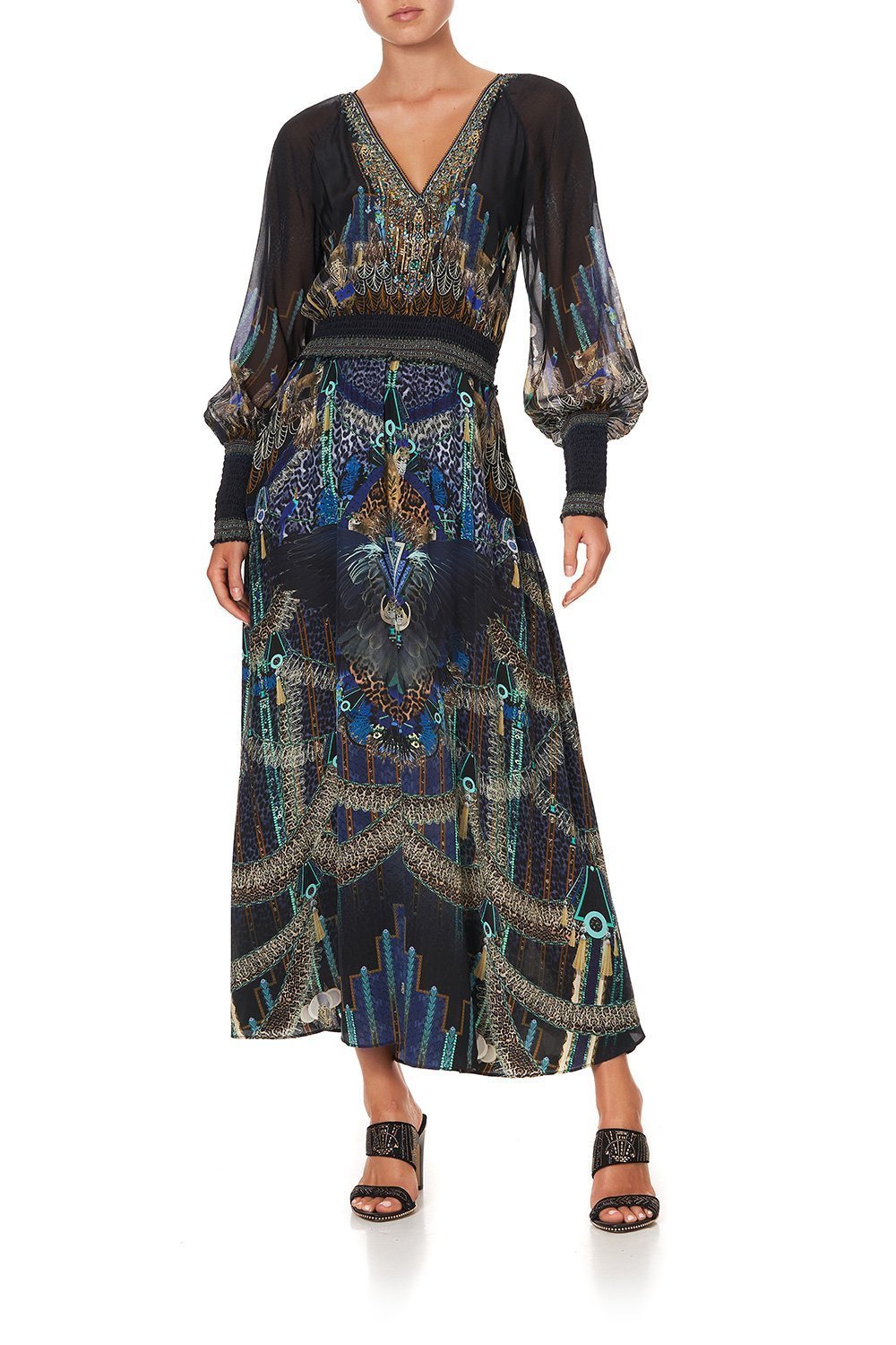 DRESS WITH SHIRRED WAIST AND CUFF DRIPPING IN DECO