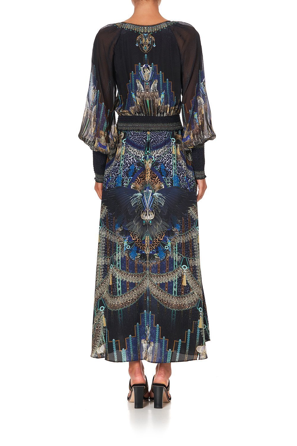 DRESS WITH SHIRRED WAIST AND CUFF DRIPPING IN DECO