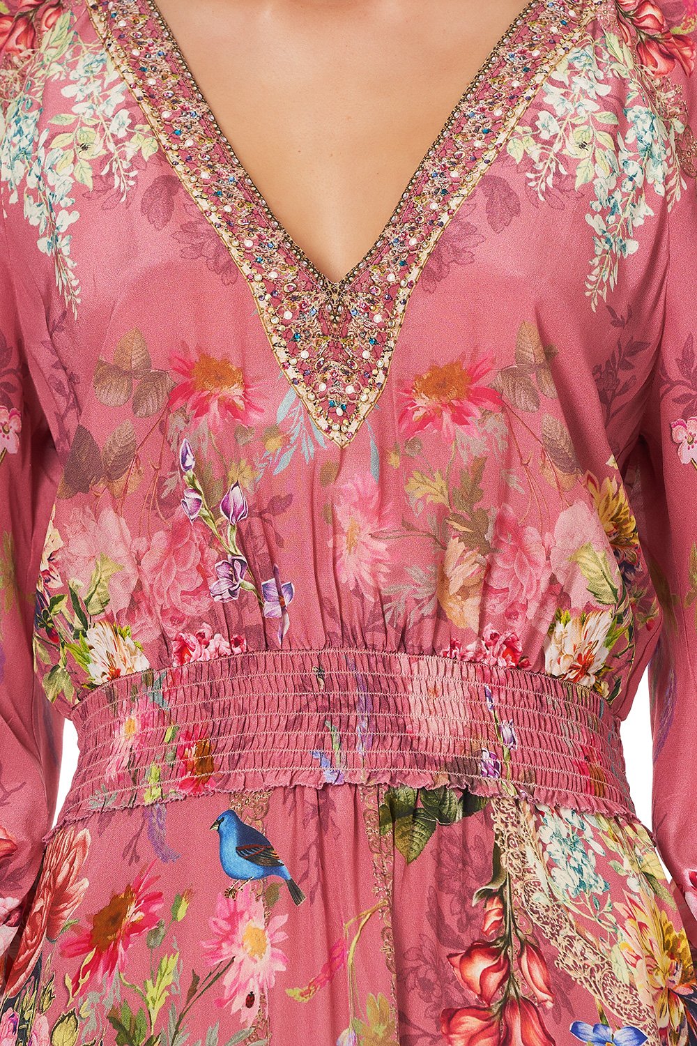 DRESS WITH SHIRRED WAIST AND CUFF PATCHWORK HEART