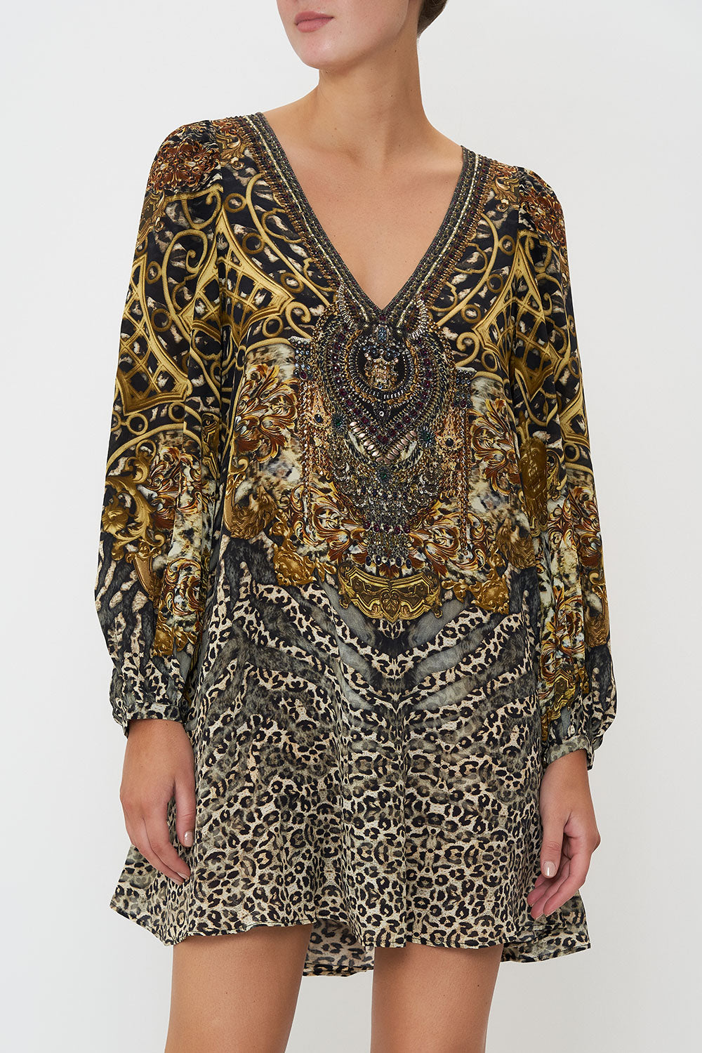 V NECK BLOUSON SLEEVE DRESS ARMADA