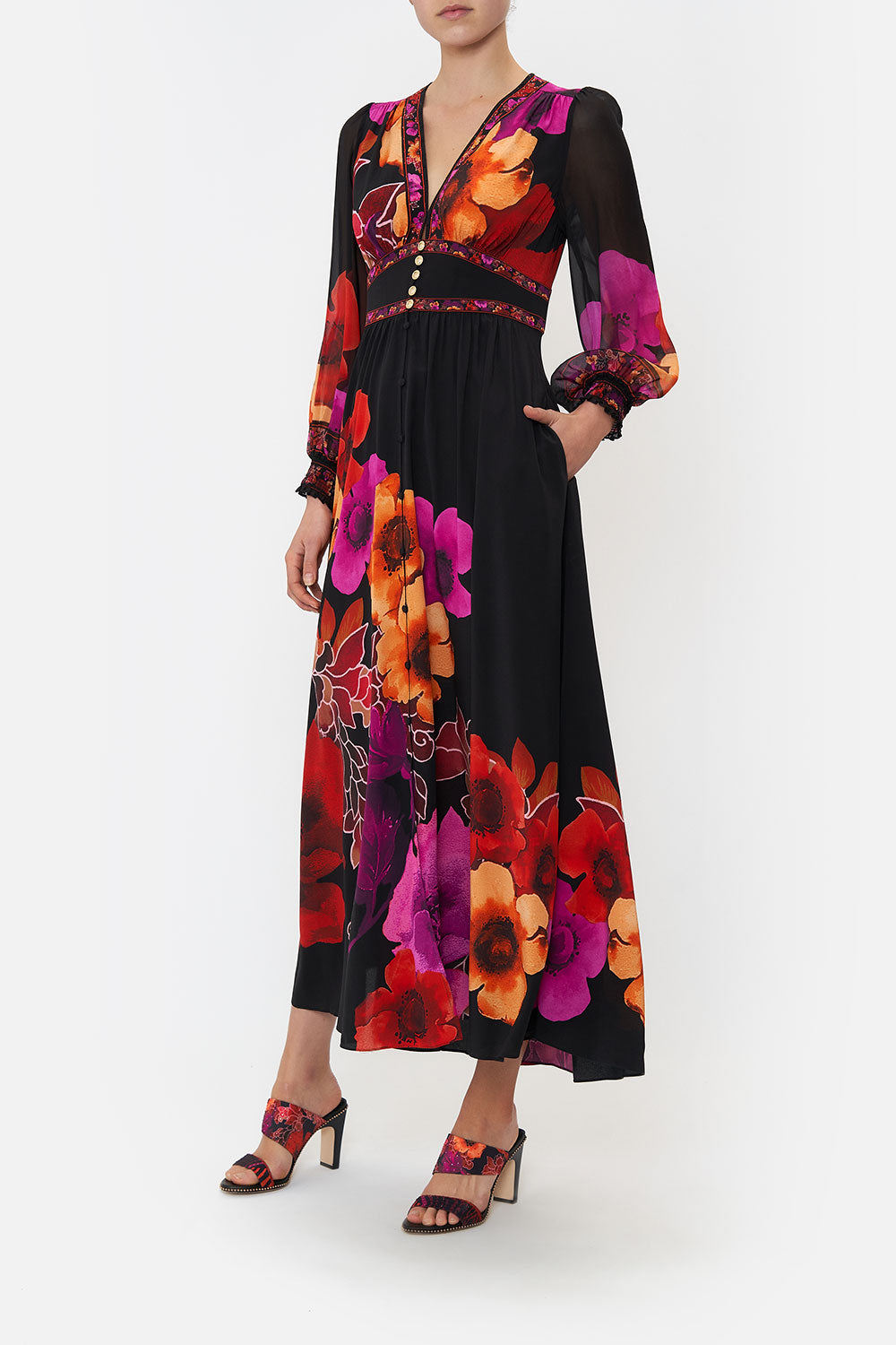 BUTTON DRESS WITH SHAPED WAISTBAND MIDNIGHT POPPY