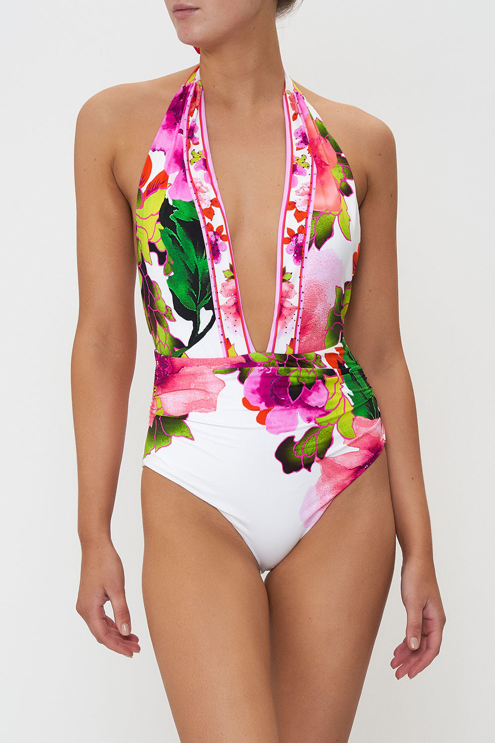 PLUNGE NECK HALTER ONE PIECE PRETTY AS A POPPY