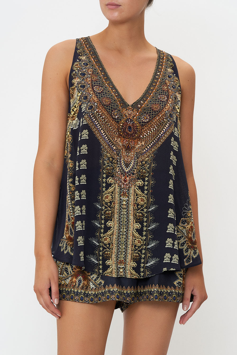 V NECK BUTTON BACK TOP ITS ALL OVER TORERO