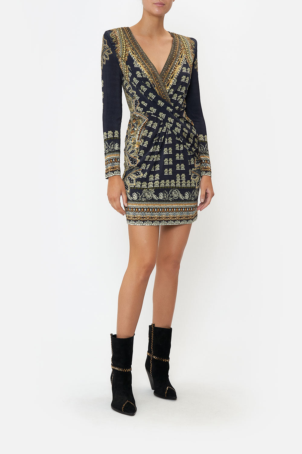 V-NECK CROSS FRONT DRESS ITS ALL OVER TORERO