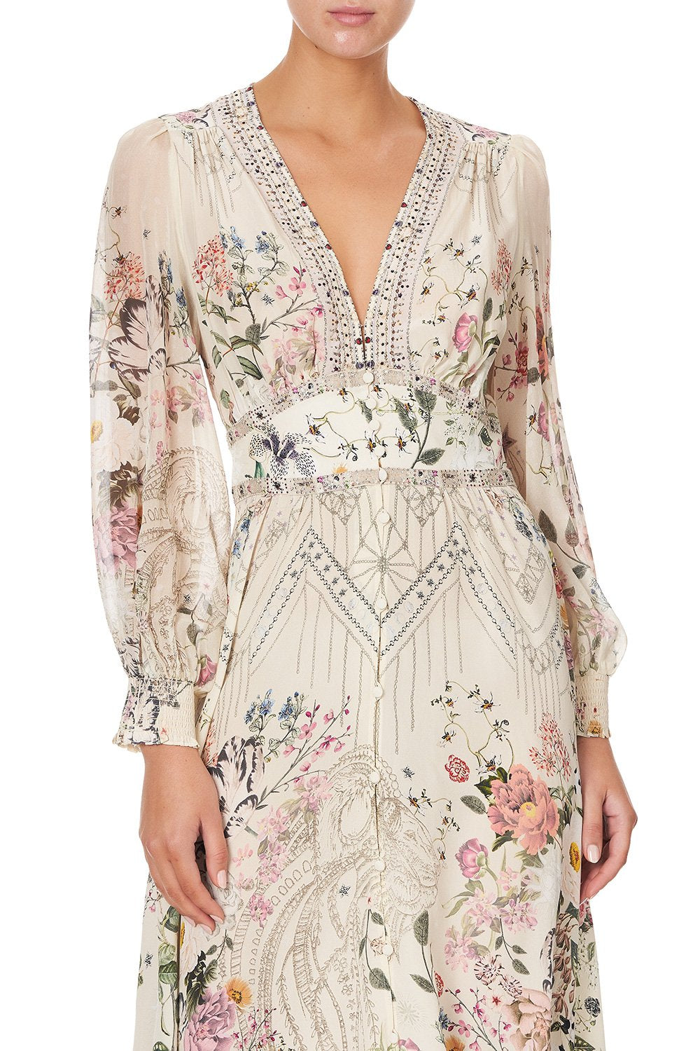 BUTTON DRESS WITH SHAPED WAISTBAND PHOENIX FLOWER