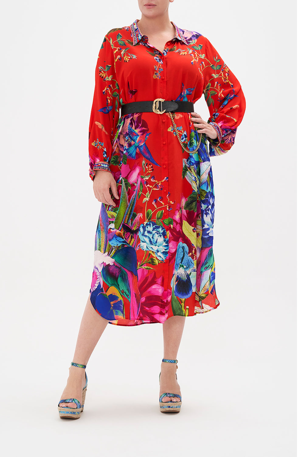 HIGH LOW MIDI SHIRT DRESS BIRDS OF A FEATHER