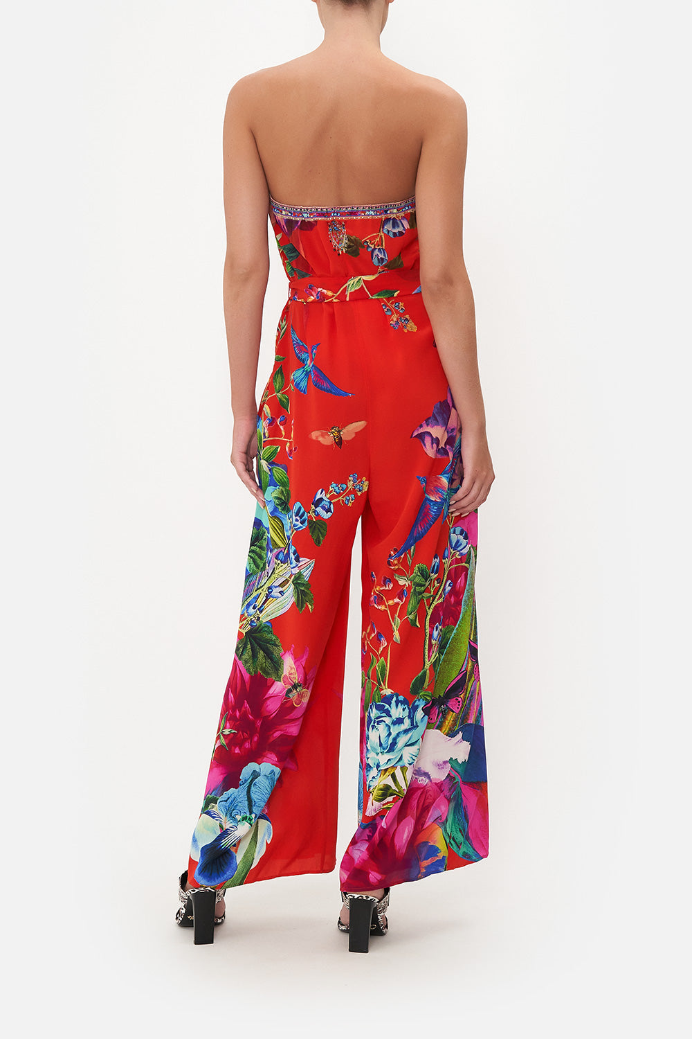 TIE WAIST STRAPLESS JUMPSUIT BIRDS OF A FEATHER