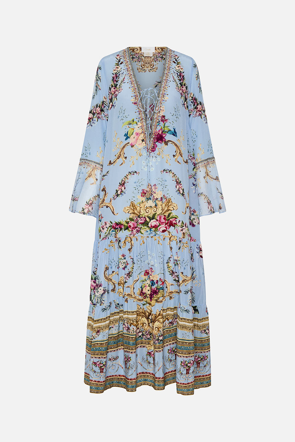 LACE UP DRESS WITH TIERED HEM FLORAFUL