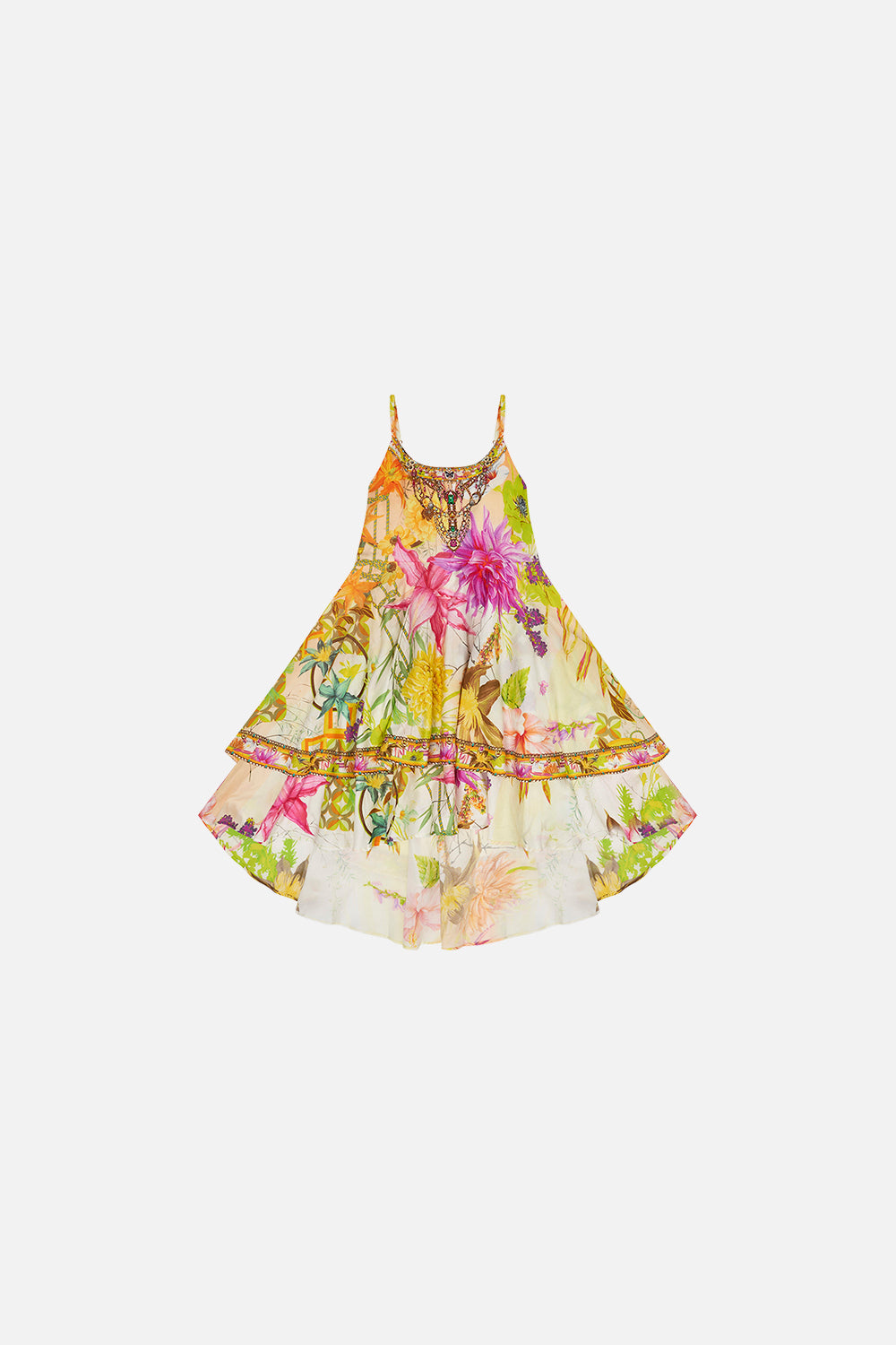 Kids Round Neck Tiered Dress 4-10 How Does Your Garden Grow print by CAMILLA