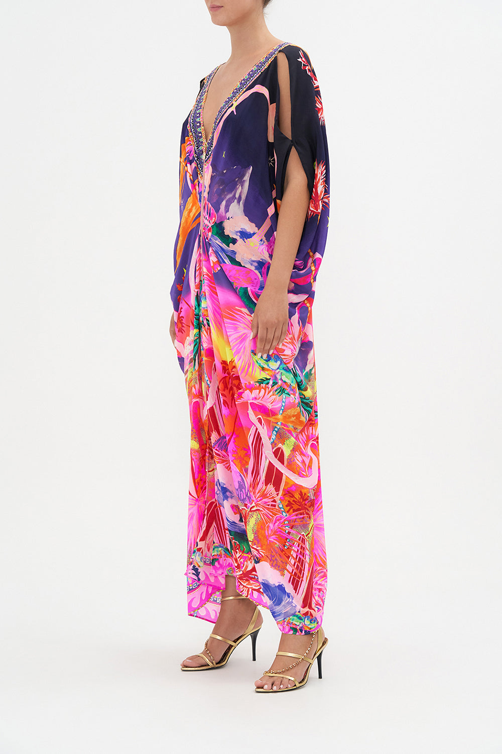 LONG DRAPE DRESS WITH ZIP FRONT FLIGHT OF THE FLAMINGO