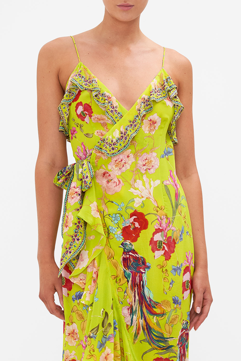 LONG WRAP DRESS WITH FRILL PEACOCK PROUD