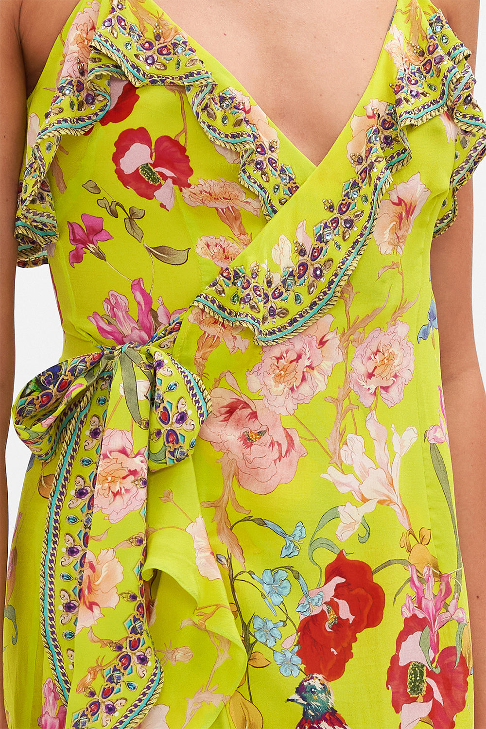 LONG WRAP DRESS WITH FRILL PEACOCK PROUD