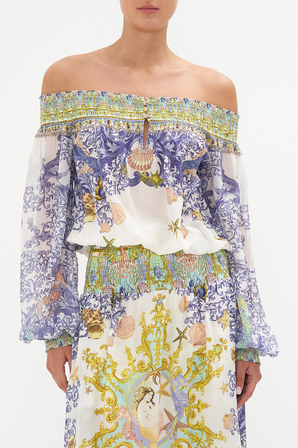 OFF SHOULDER SHIRRED DRESS STAR OF THE SEA