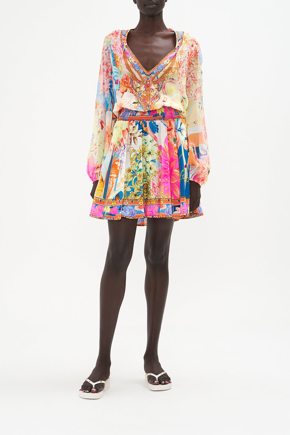 Shirred Relaxed Short Dress Meet Me In The Garden print by CAMILLA