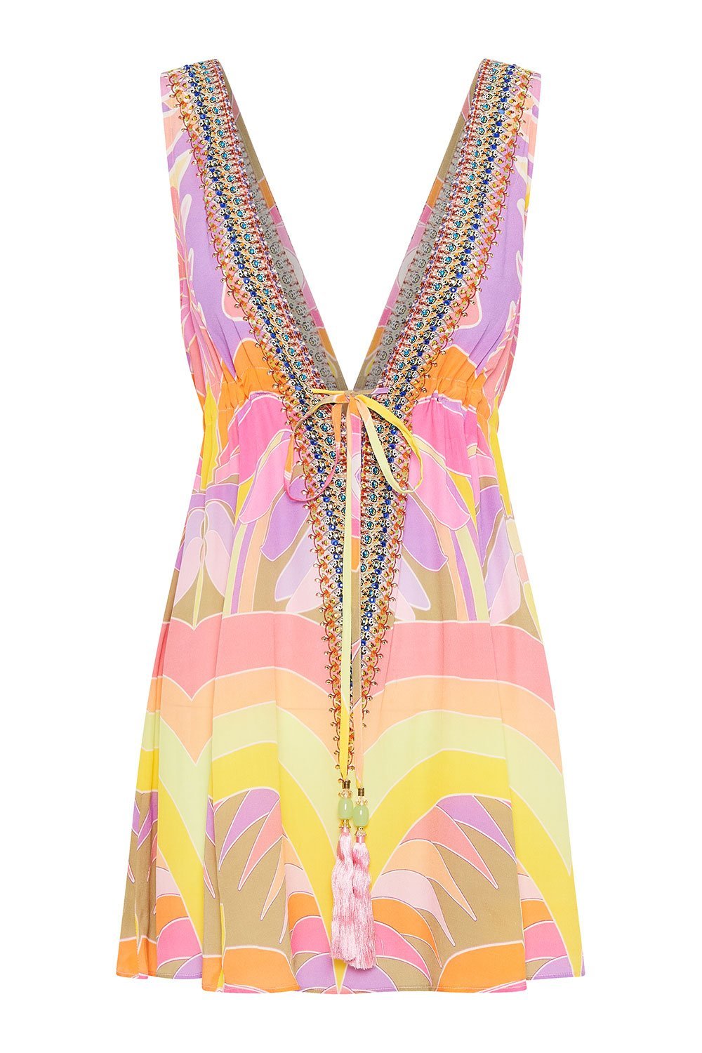 V NECK DRAWSTRING SHORT DRESS KUNDALINI