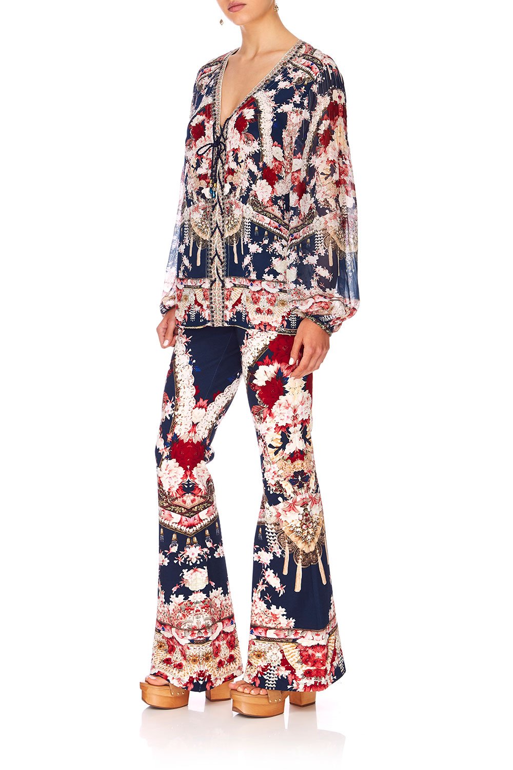 CAMILLA TWIN SHADOW PEASANT BLOUSE WFRONT LACING