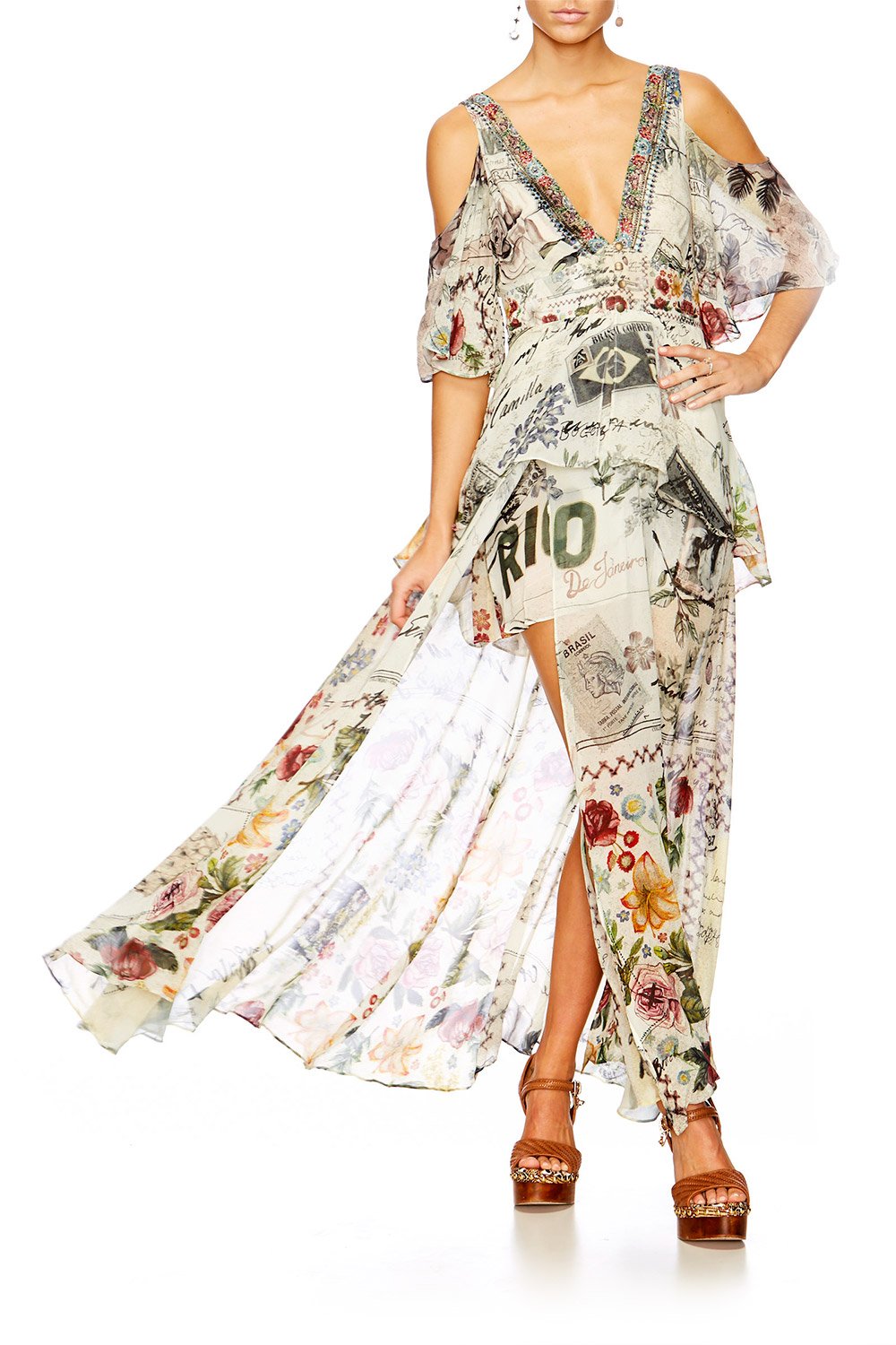 MEMORY LANE LONG DRESS W PEPLUM OVERLAY