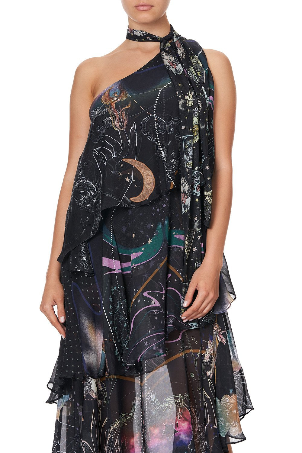 ASYMMETRICAL NECK TIE DRESS MIDNIGHT MOON HOUSE