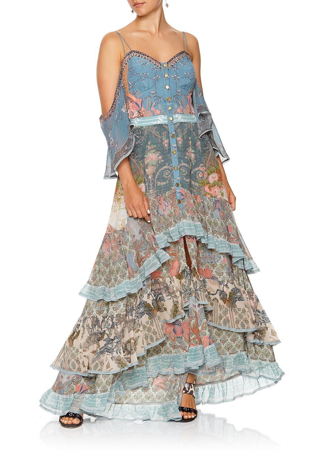 BUTTON-UP HIGH LOW DRESS WITH RUFFLE DETAIL BLANCHES BLESSING