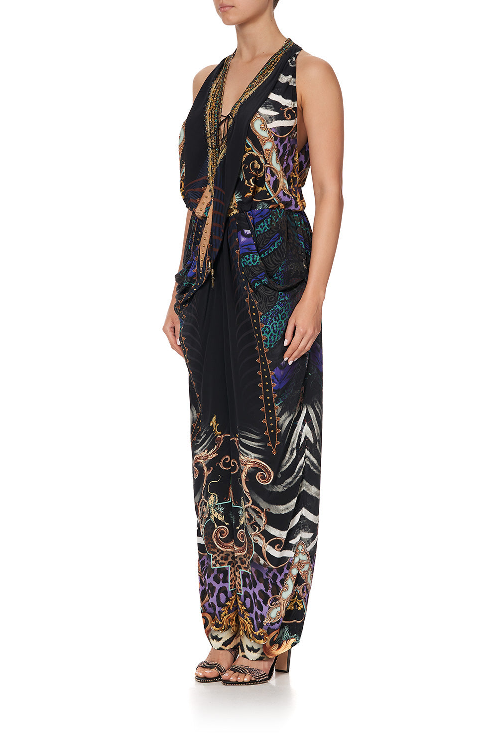 DRAPED FRONT BODICE JUMPSUIT WITH NECK TIE SHES GOT GRACE