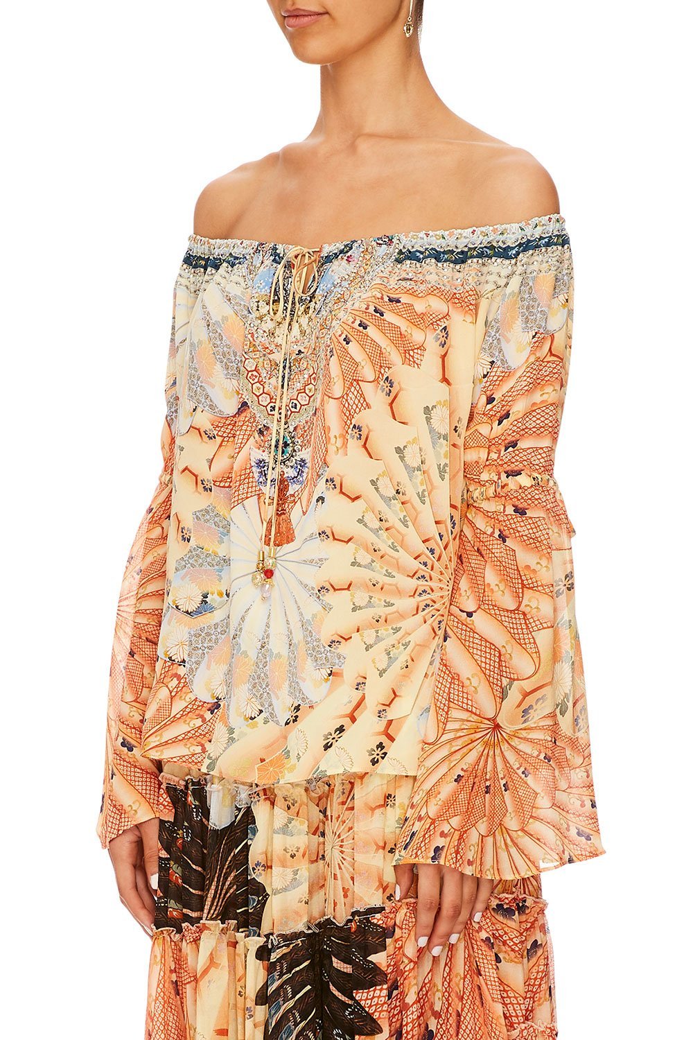 CAMILLA FOR THE FANS DROP SHOULDER TIE SLEEVE TOP