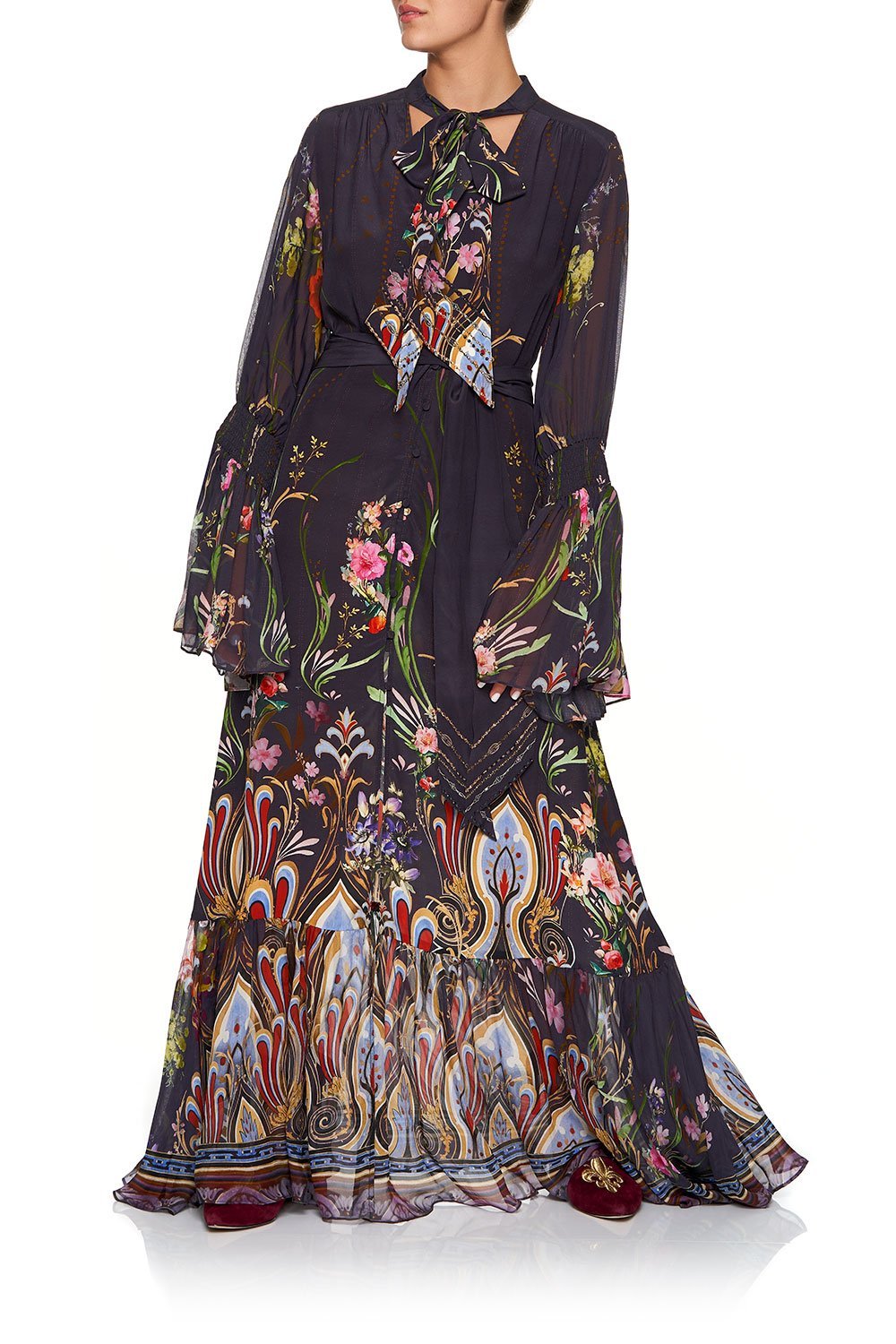 CAMILLA ELASTIC SLEEVE TIE FRONT DRESS WILD FLOWER