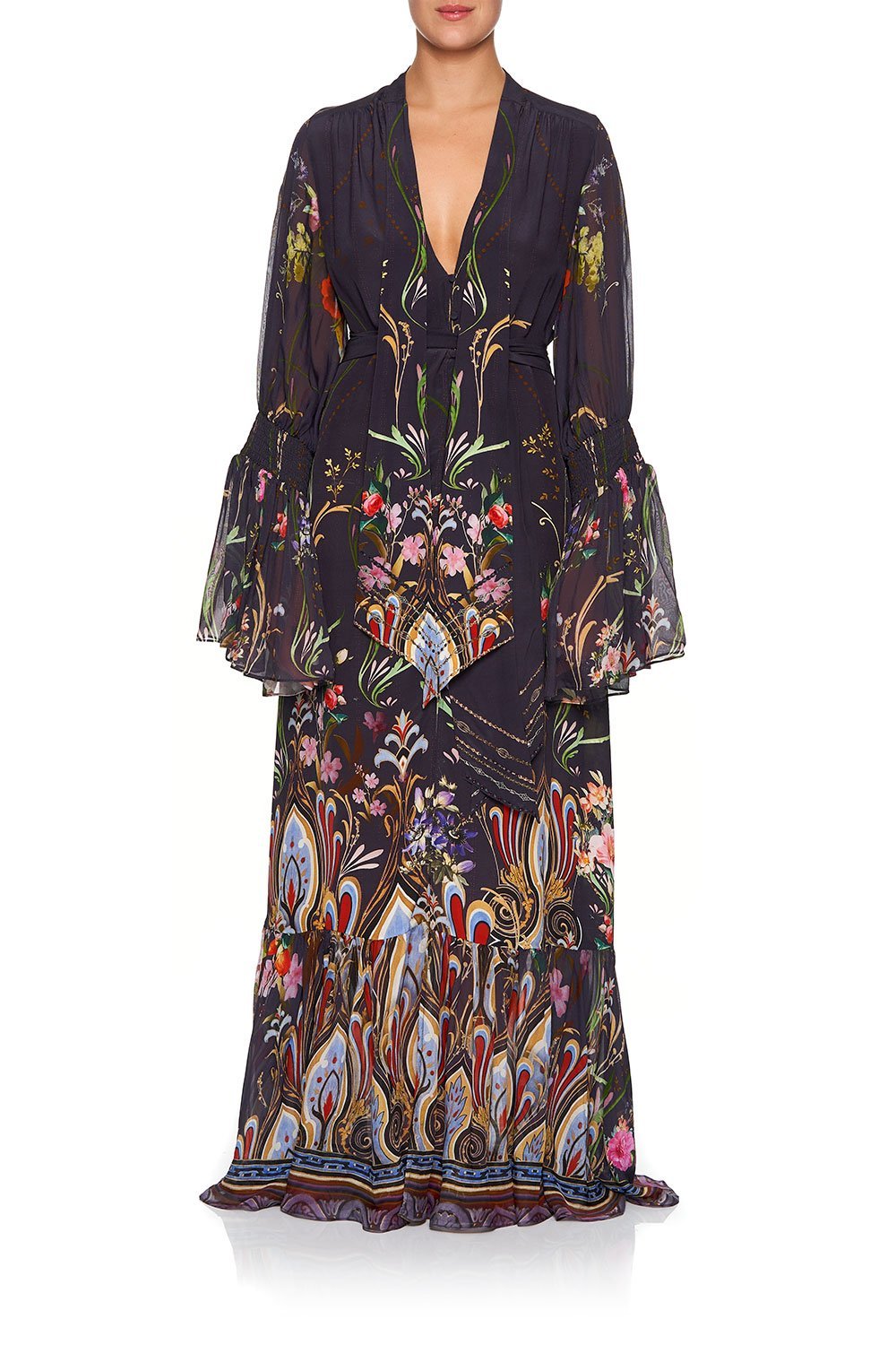 CAMILLA ELASTIC SLEEVE TIE FRONT DRESS WILD FLOWER