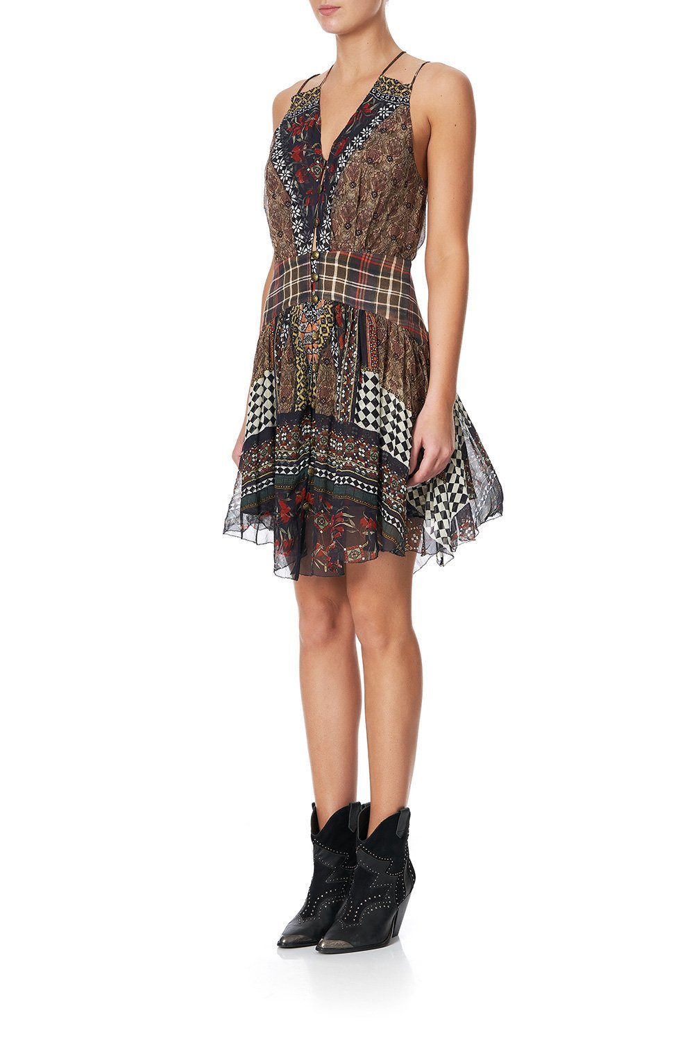 SHORT DRESS WITH SHAPED WAISTBAND PAVED IN PAISLEY