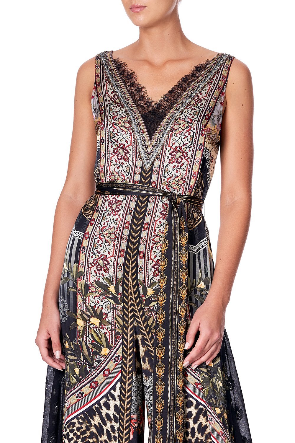 LACE TRIM JUMPSUIT WITH GODET MARAIS AT MIDNIGHT