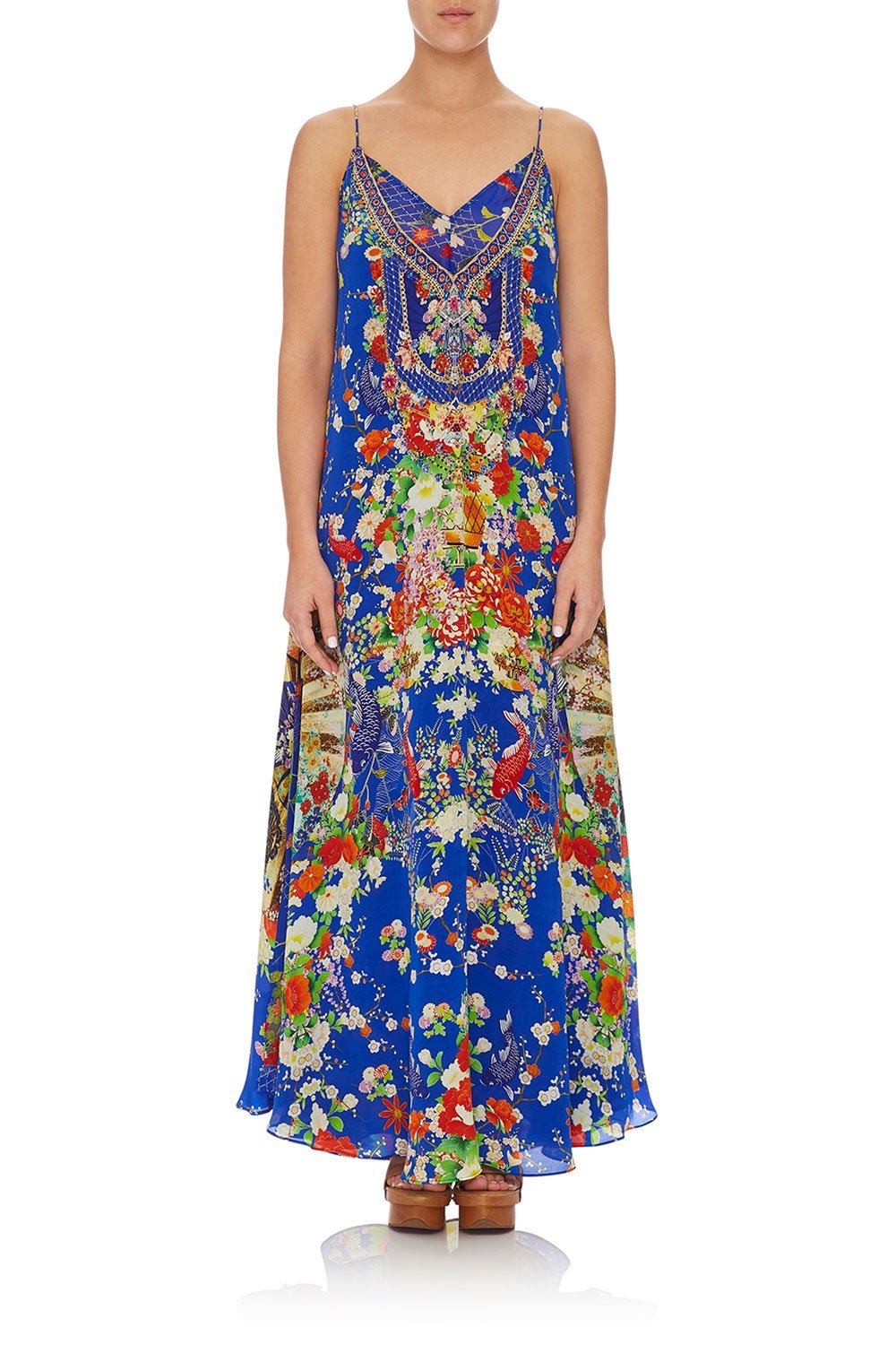 CAMILLA LONG DRESS W/ SHEER UNDERLAY PLAYING KOI