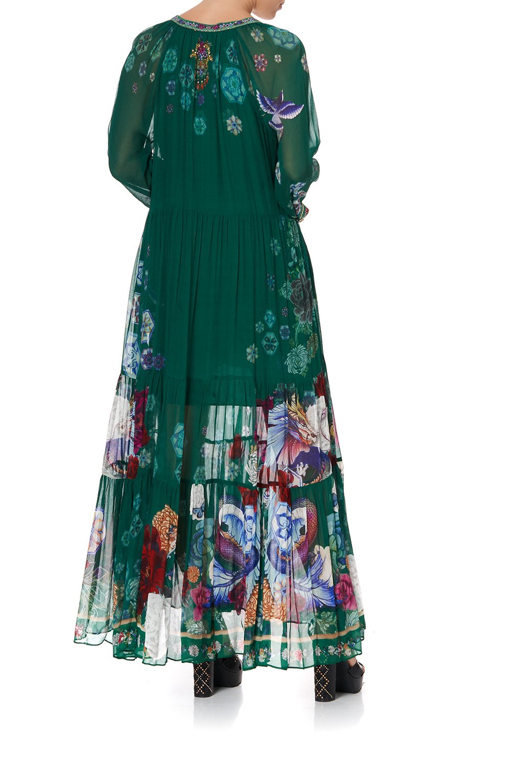 LONG GATHERED PANEL DRESS EMERALD'S ORBIT