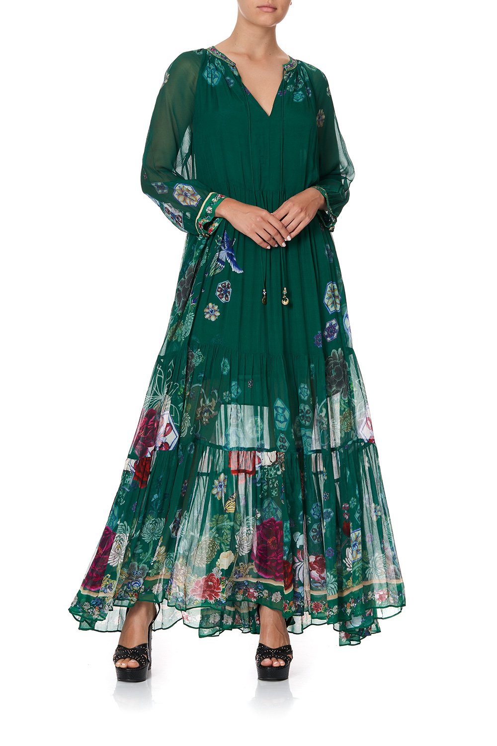 LONG GATHERED PANEL DRESS EMERALD'S ORBIT