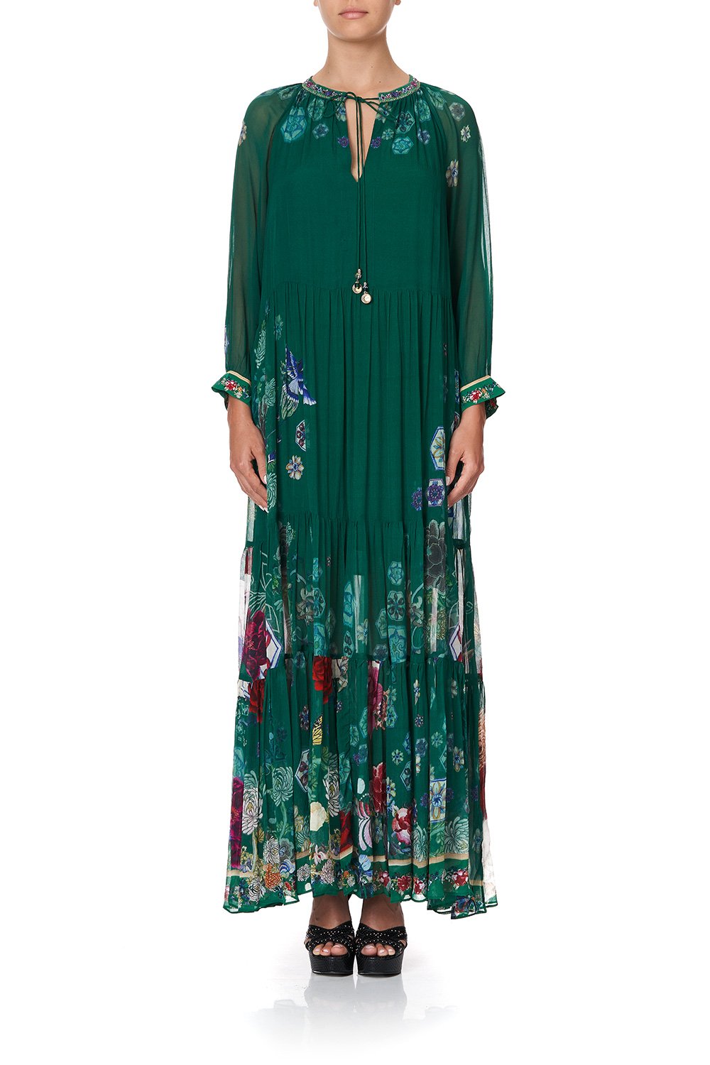 LONG GATHERED PANEL DRESS EMERALD'S ORBIT