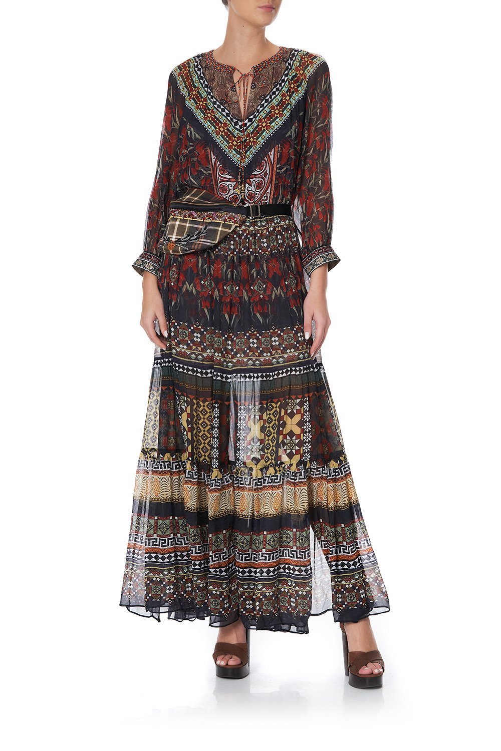 LONG GATHERED PANEL DRESS PAVED IN PAISLEY