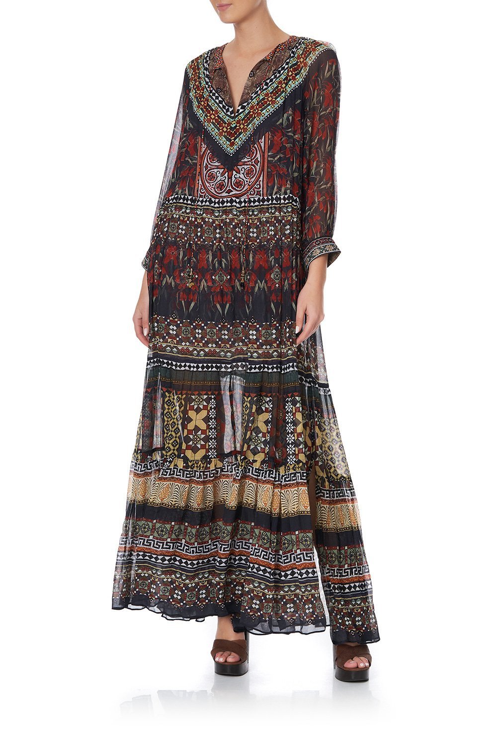 LONG GATHERED PANEL DRESS PAVED IN PAISLEY