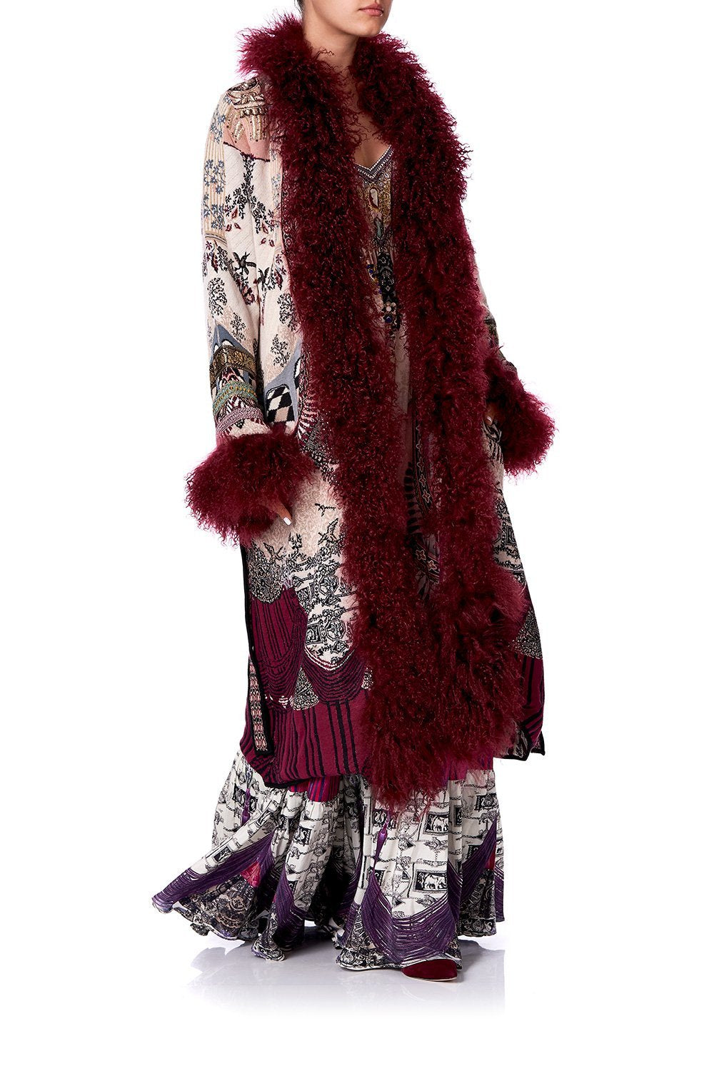 LONG KNIT JACQUARD COAT WITH FUR VIOLET CITY