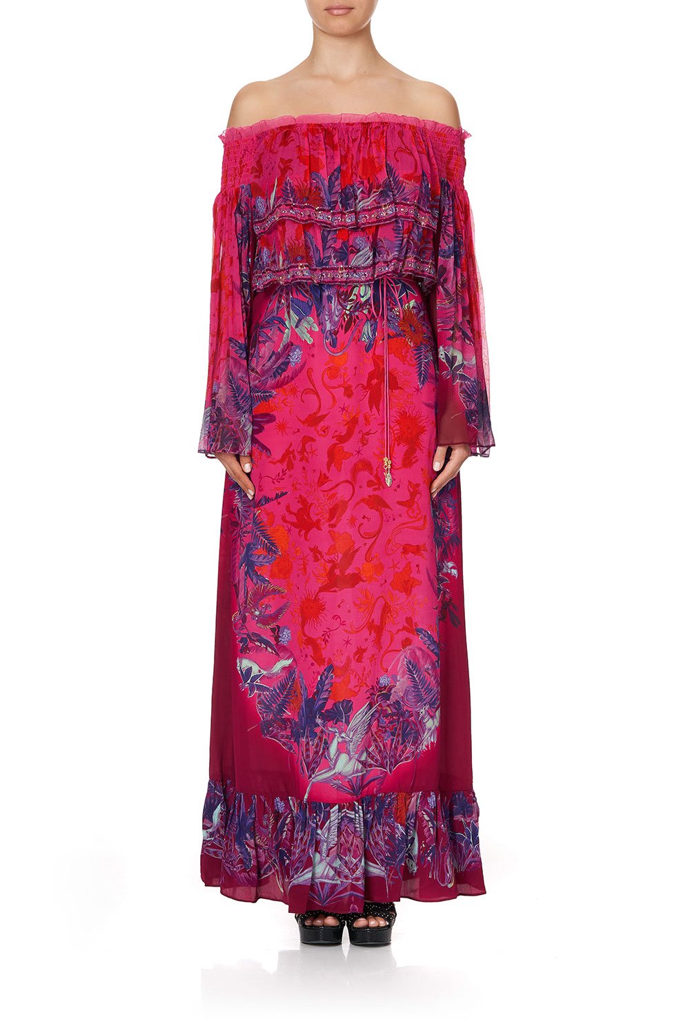 LONG TIERED RUFFLE DRESS TROPIC OF NEON