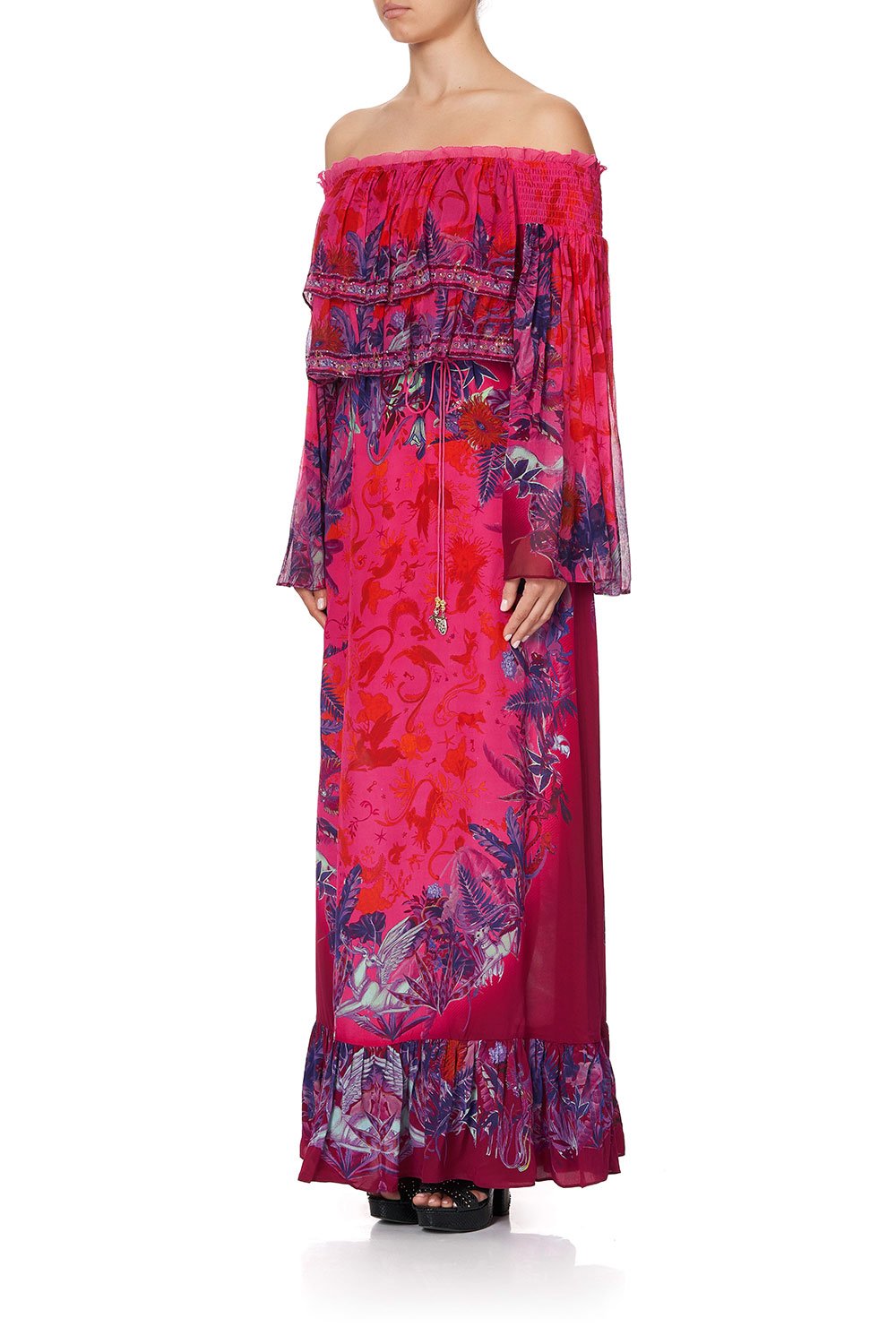 LONG TIERED RUFFLE DRESS TROPIC OF NEON