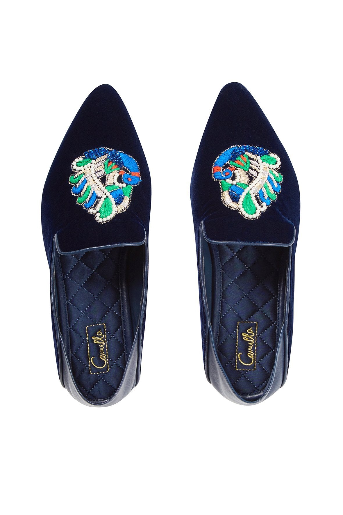 NAVY PEACOCK VELVET SLIPPER WITH FOLDED HEEL
