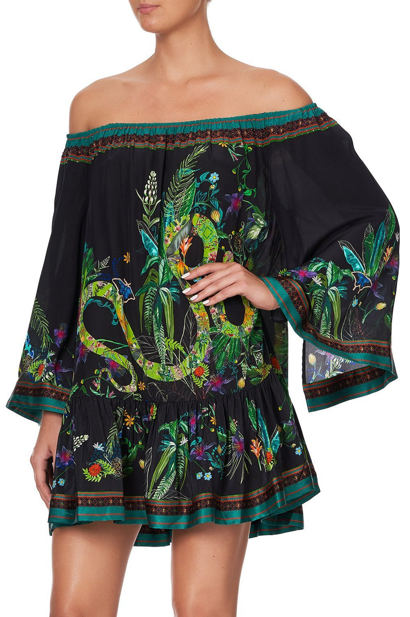 OFF SHOULDER FRILL HEM DRESS DRAGON DIVINITY
