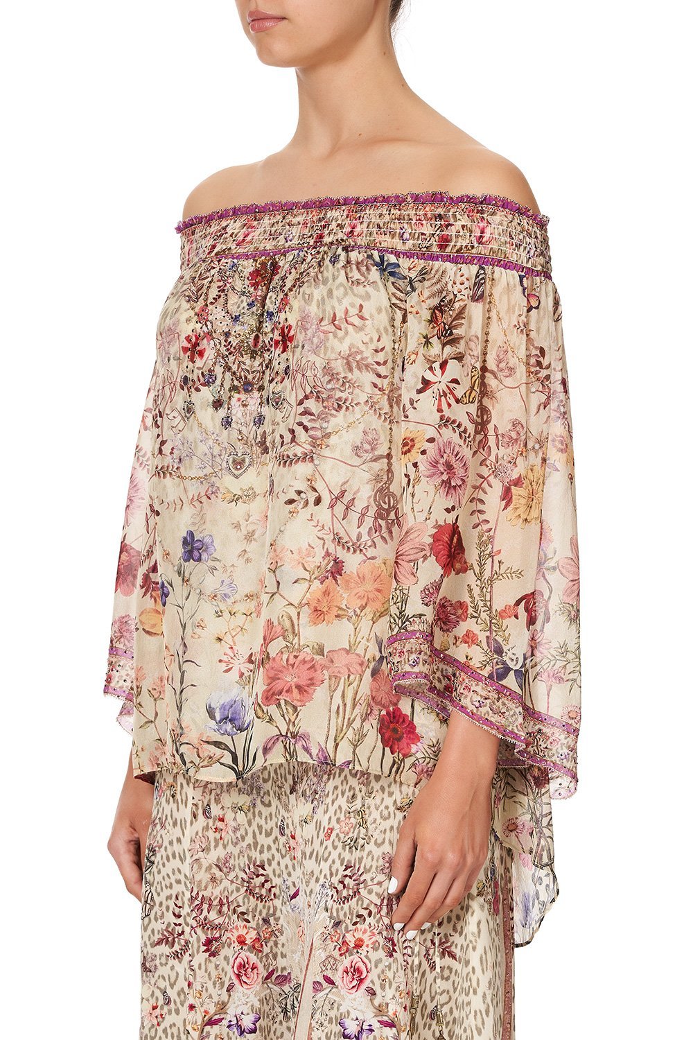 OFF SHOULDER SHIRRED BLOUSE DRIFTING DREAMER