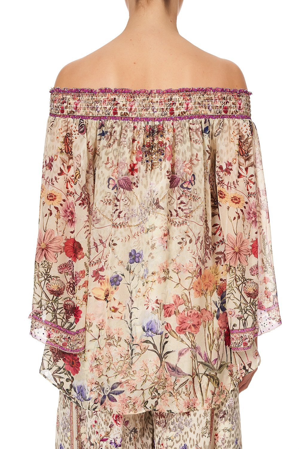 OFF SHOULDER SHIRRED BLOUSE DRIFTING DREAMER