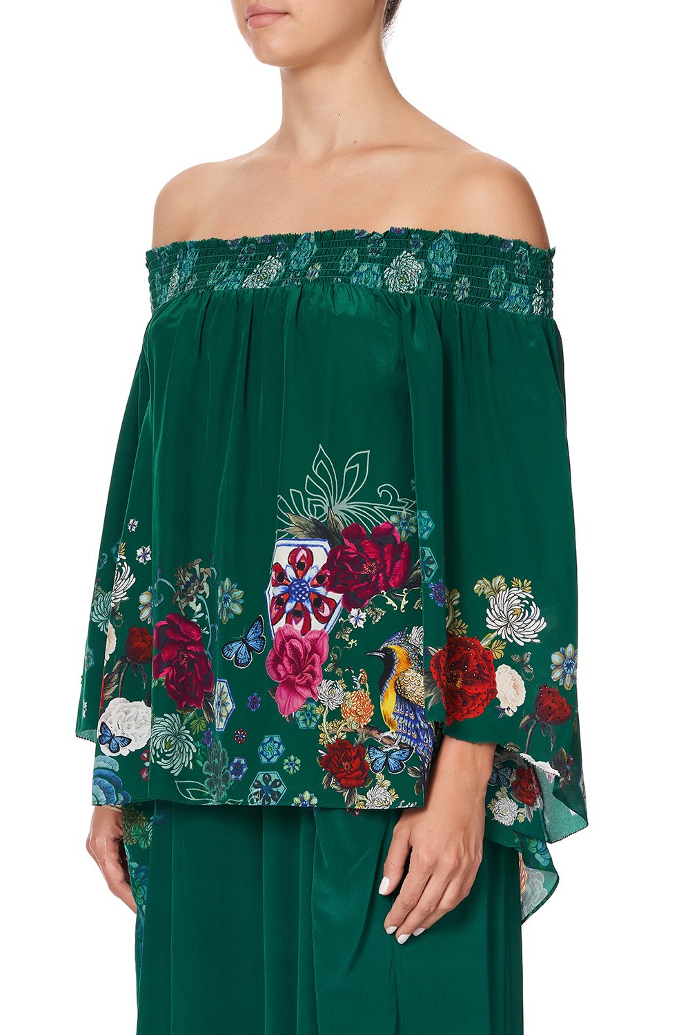 OFF SHOULDER SHIRRED BLOUSE EMERALD'S ORBIT